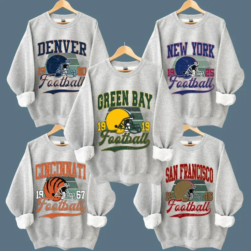 Unisex Crewneck Classic Ash Color Sweatshirt All Team Football Graphic Shirt Vintage Style Pullover Gift for Sports Fans Retro Game Day Fall Winter Outfit
