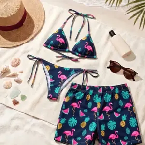 Flamingo Tropical Matching Swimwear Set - Pink Flamingo Pineapple Watermelon Matching Swimwear, Triangle Halter Bikini & Board Shorts Beach S5U