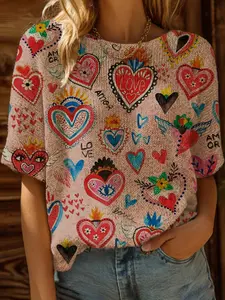 Spring Summer Knit Top, One Shoulder Straps, Colorblock Heart Cartoon Print, Short Sleeve, Casual Elegance, Women's Vacation Style