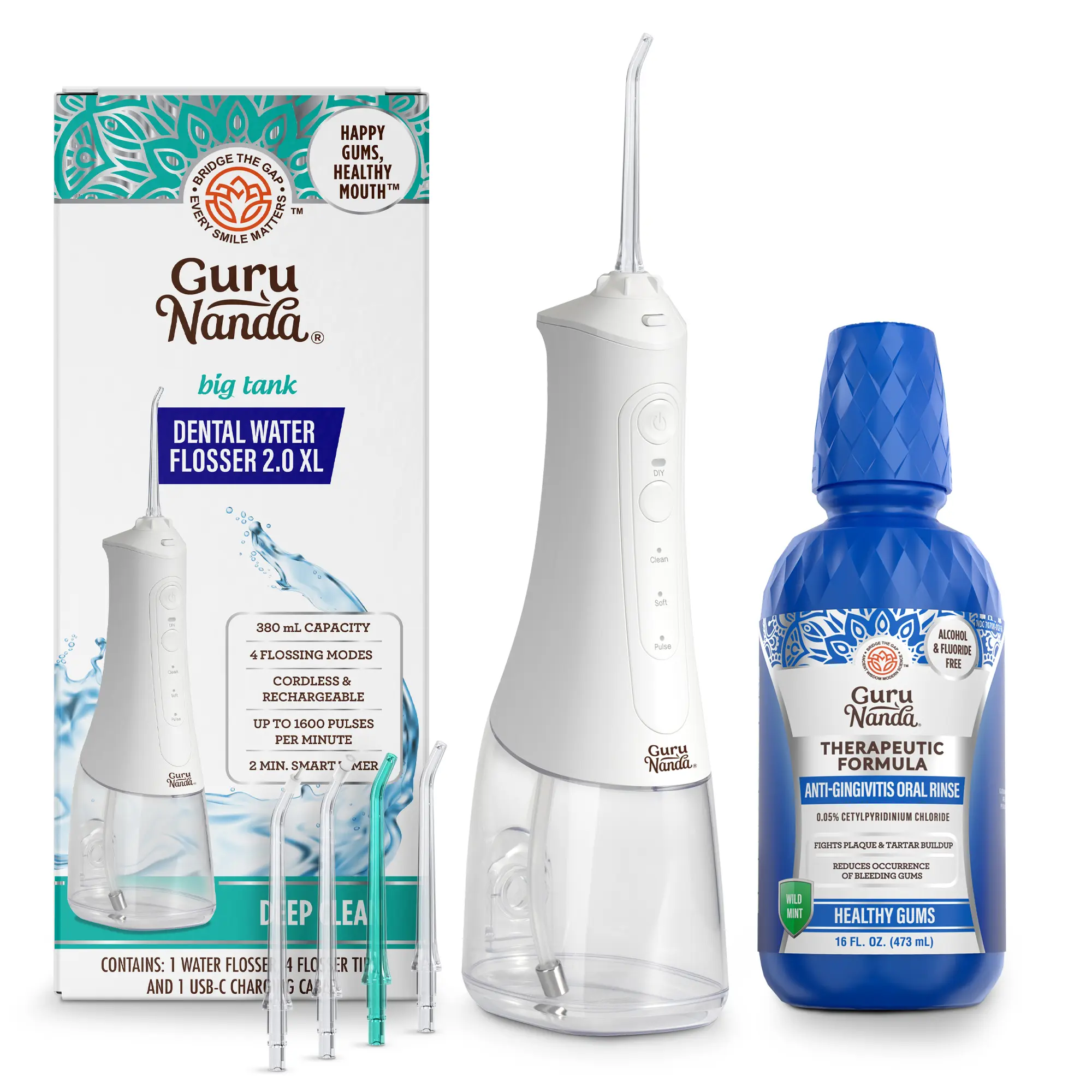 GuruNanda Anti-Gingivitis Oral Rinse Mouthwash 16oz with Deep Clean Dental Water Flosser 2.0 XL GuruNanda Anti-Gingivitis Oral Rinse Mouthwash 16oz with Deep Clean Dental Water Flosser 2.0 XL