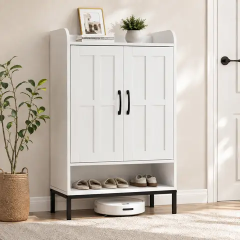Freestanding Wooden Vertical Rectangle Shoe Storage Cabinet - 2-Doors, 5-Layer Farmhouse Organizer with 3 Adjustable Shelves, Compartments, 13.7in Deep, 41.5in High Entryway/Bedroom Furniture
