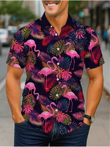 Men's Tropical Flamingo Plant Print Short-sleeve Shirt Fashion Casual Breathable Top Daily Vacation Trendy Loose Plus Size Shirt for Summer Outdoor Activities