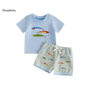 Boys Summer Shorts Sets Short Sleeve O Neck Fish Embroidery Tops And Plaid Drawstring Shorts Embroidered Letters Toddler Shorts