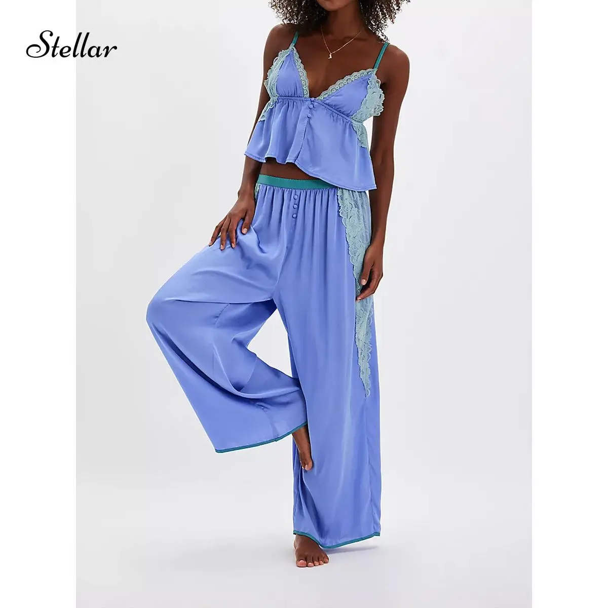 Women's 2-Piece Pajama Set, Lacy Babydoll Cami Top and Relaxed Fit Wide-Leg Pants, Adjustable Polyester Blend Loungewear, Relaxed Wear, Mid Rise Pants, With Elastane, Hand Wash Only, Lace, Nightwear, Button, Pyjamas, Baby Doll Tops, Coordinating Lace