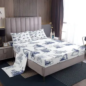 Construction Sheet Set Equipment Trucks Sheets Deep Pocket Fitted Sheet Construction Vehicles Bed Sheets Set Cartoon Car Excavator Tractor Blue Bedding Set Room Decor