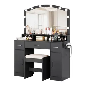 LED Lighted Vanity Desk for Girls Women 10 Light Mirror Charging Station 3 Drawers 2 Cabinets Cushioned Stool Bedroom Play Makeup Set, Vanity Set With Chair