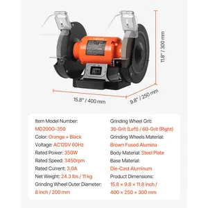 VEVOR Bench Grinder, 8-inch Single Speed Bench Grinder, 3450RPM High-Speed Table Grinders with 350W 3.0A Induction Motor, 36/60-Grit Grinding Wheel Adjustable Eye Shield for Fast Sharpening Grinding