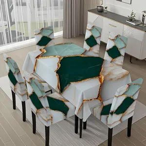 5/7-piece 2D Flat Printing White Green Gold Cracked Splicing Printing Pattern Tablecloth and Chair Cover Set, for dining table and chair decoration, perfect for home, holiday gatherings, restaurants, and parties.