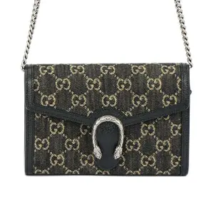 Gucci Dionysus Distressed Tiger-Head Clasp GG Monogram Denim Jacquard and Leather Chain Wallet Crossbody Bag for Women in Black