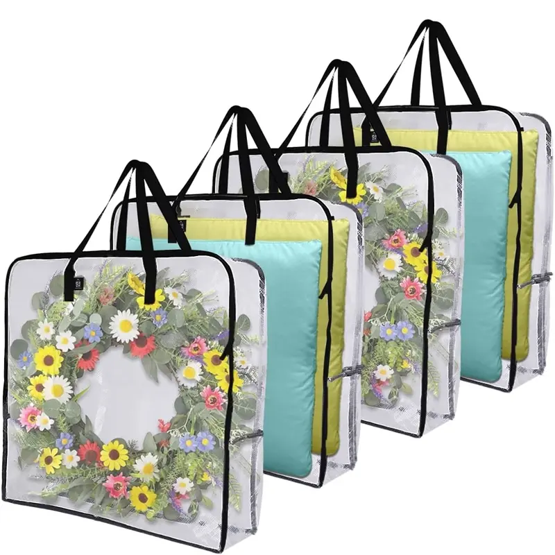 4 Pack Wreath Storage Bag, Summer, Christmas Decoration Garland Container, 30 Inch Clear Door Wreath Organizers, Moving Boxes, Packing Supplies for College, Clear Storage Bags (Square - 4 Pack)