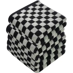 Hand Towels Set of 5 - Soft, Absorbent, and Decorative Checkered Design for Bathroom, Kitchen, Gym, and  and ,13 x 29 Inches,Black