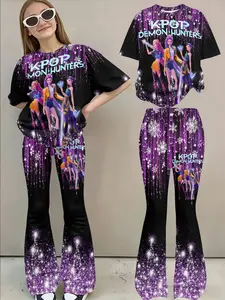 Girls' Starry Sky Full Print Short Sleeve Bell Bottoms Set, Trendy Cool Gradient Casual Fitted Two-Piece