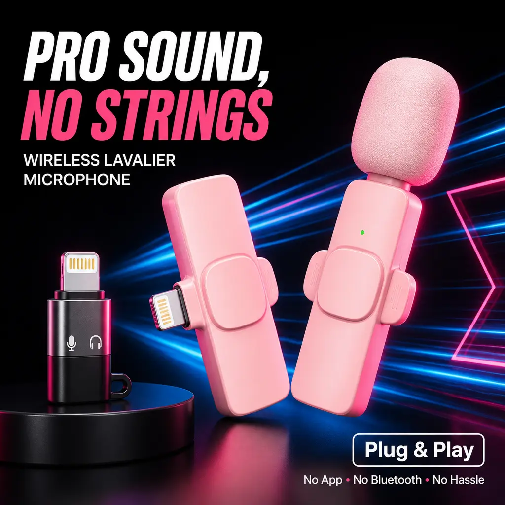 Pink Wireless Mini Clip-On Microphone Set (Pack of 2) - Lightning Connector Compatible with iPhone, Android Smartphones, Noise Reduction for Clear Stereo Sound, Ideal for Vlogging, Content Creation