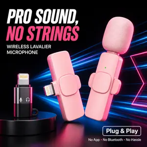 Pink Wireless Mini Clip-On Microphone Set (Pack of 2) - Lightning Connector Compatible with iPhone, Android Smartphones, Noise Reduction for Clear Stereo Sound, Ideal for Vlogging, Content Creation