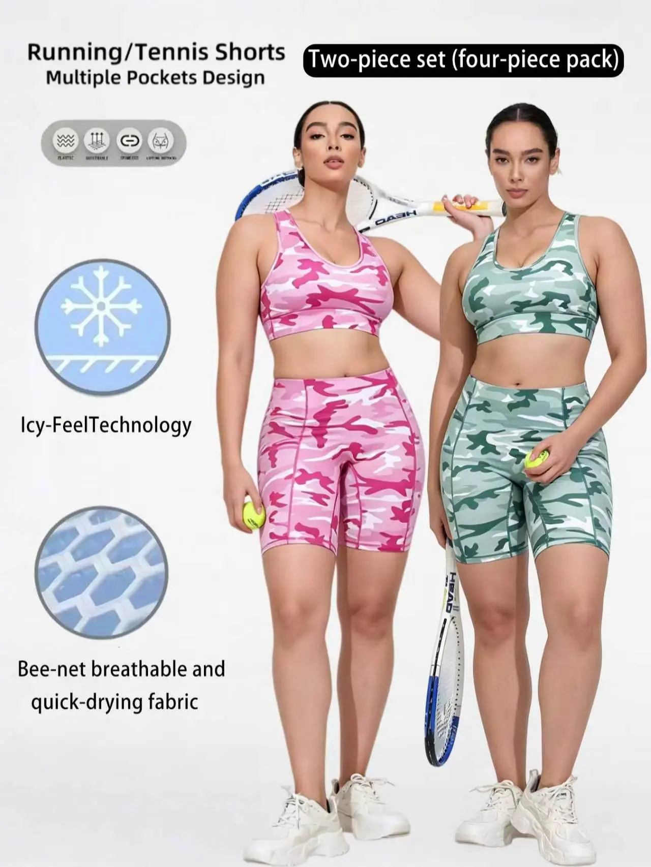 Women’s Sporty Chic 2-Piece Camouflage Set - High-Waisted Bike Shorts, Sports Bra for Gym Workouts