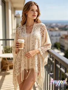 Anygoal Women’s Floral Lace Fringe Kimono Cover Up, Sexy Elegant Lace Sheer Open Front Swimsuit Shawl, Multifunctional Lightweight Breathable Beach Wrap, Elegant Accessory for Poolside, Seaside, Formal Events and Daily Wear Lace Sheer Shawl summervibes