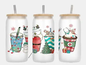 Christmas Nurse, Frosted Glass Can, Glass Cup, Christmas, Nurse Design, 16oz Glass Cup with Bamboo Lid and Straw, Frosted Tumbler Cup, Holiday, Lights