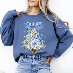 Blue Christmas, Christmas Tree, Bow, Delft, Coquette, Floral, Santa, Classic Sweatshirt, Crew Neck, Women's, Crewneck