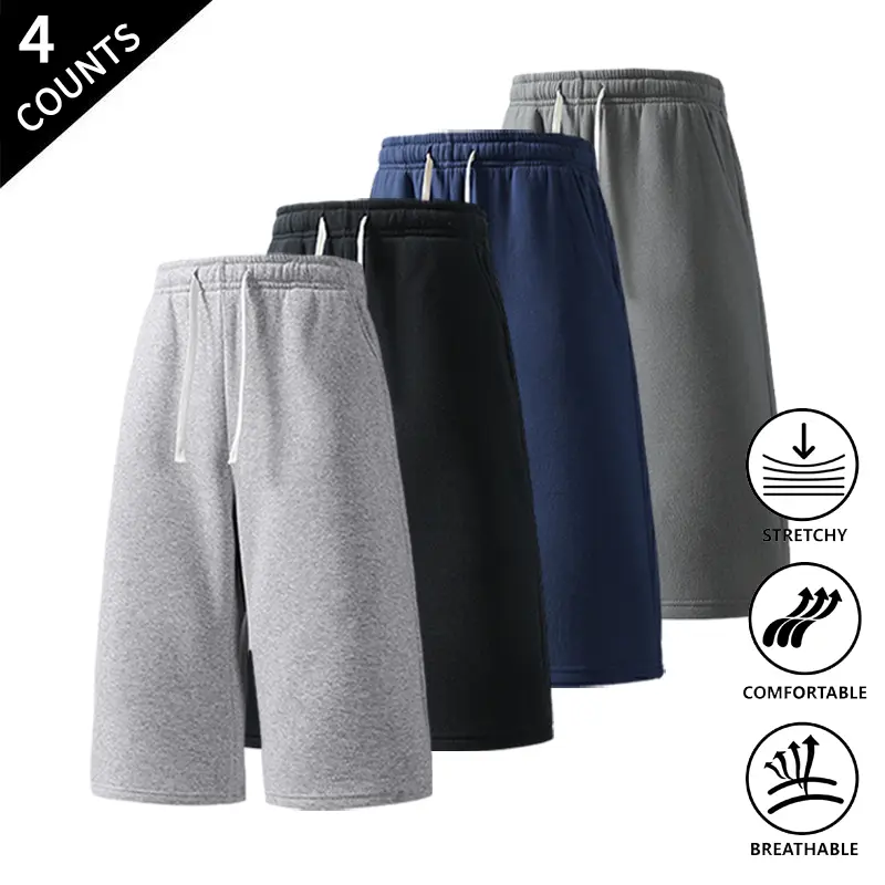 4-Pack Men’s Solid Color Capri Pants, Elastic Waist, Loose Fit, Sports Workout Cropped Pants