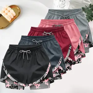 5-Pack Women’s 2-in-1 Running Shorts, Pink Camo Print Quick-Dry Fitness Workout Shorts with Built-In Compression Liner, Anti-Chafe Training Running Shorts for Women