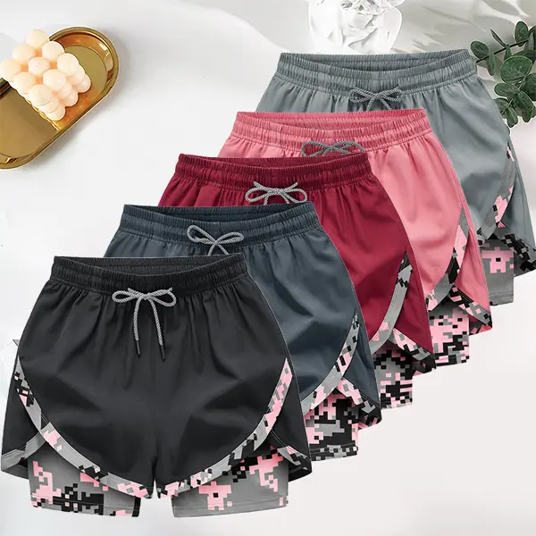 5-Pack Women’s 2-in-1 Running Shorts, Pink Camo Print Quick-Dry Fitness Workout Shorts with Built-In Compression Liner, Anti-Chafe Training Running Shorts for Women