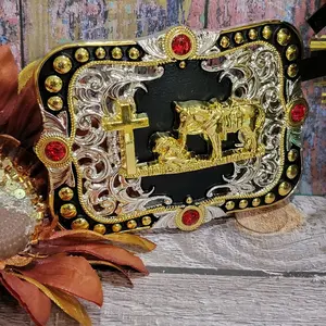 Praying Cowboy buckle Western  Gold & Black Enamel Buckle 4.5x3.0" Rodeo Cowboy Design for Upto 2" Belts, High Quality Zinc Alloy accented with red stones