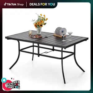 PHIVILLA 60'' Outdoor Dining Table for 6 with E-Coating Metal, 1.57" Umbrella Hole, All-Weather Resistant Rectangular Design Deals for You