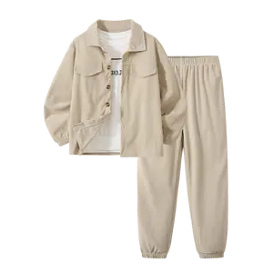 2-piece boy spring and autumn cute casual fashion children's corduroy long-sleeved shirt coat casual elastic waist solid color pants children's suit 3-10 years old clothing suit