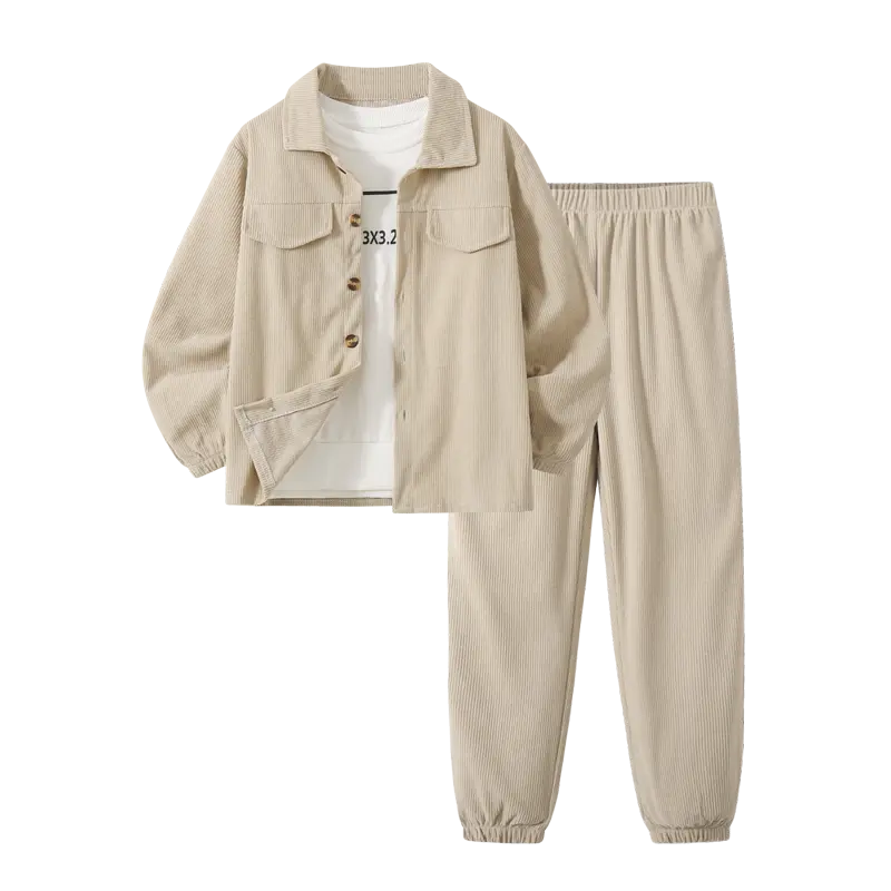 #SohoChic 2-piece boy spring and autumn cute casual fashion children's corduroy long-sleeved shirt coat casual elastic waist solid color pants children's suit 3-10 years old clothing suit Suit Winter Set Coats