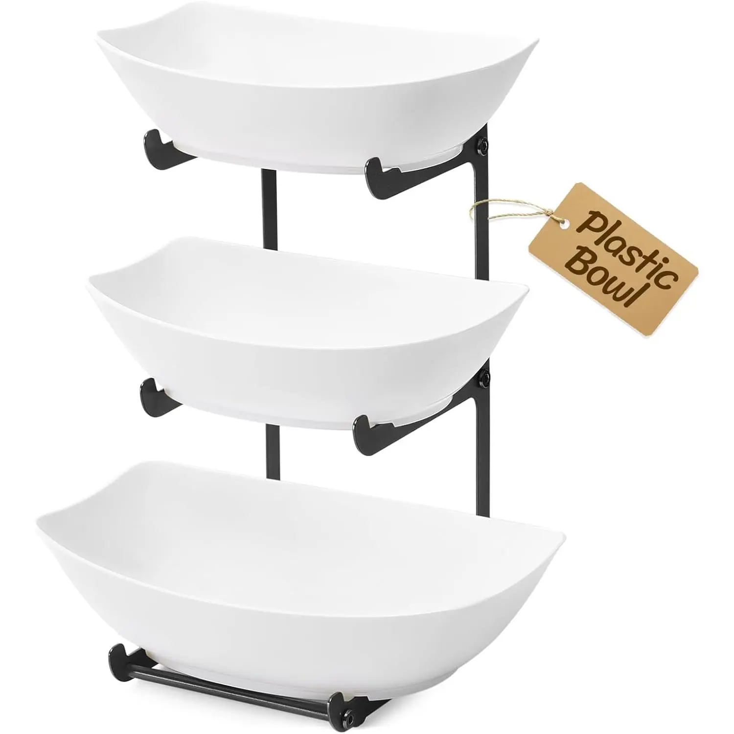 3-Tier Plastic Oval Fruit Organiser with Black Metal Rack, 28x21x35 cm Kitchen Counter Fruit Storage Organizer Racks & Displays for Vegetable/Dessert Serving