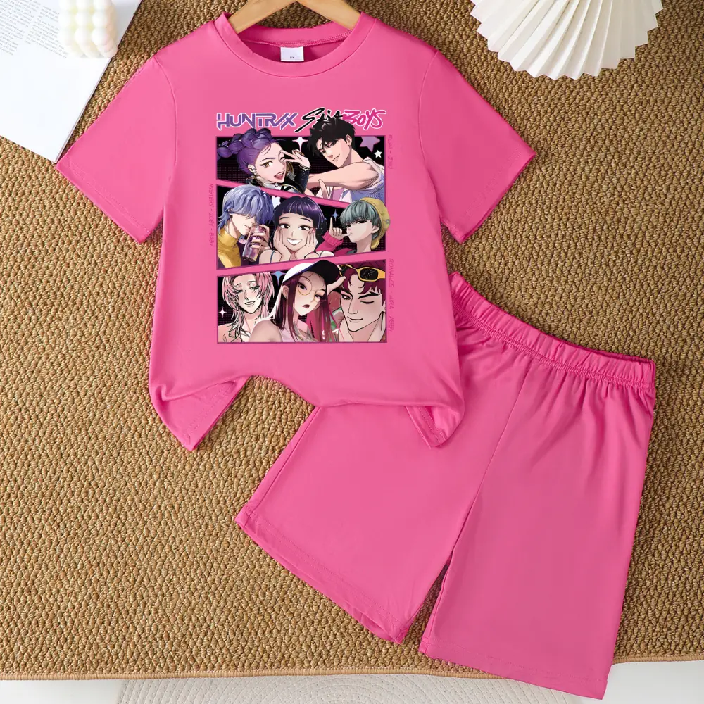 7-13T CrevNeck Teen Girls Kpop Demon Hunters Tiger Outfit Purple Graphic Print Short Sleeve T-Shirt & Shorts Set for Spring Summer Fall Casual Wear