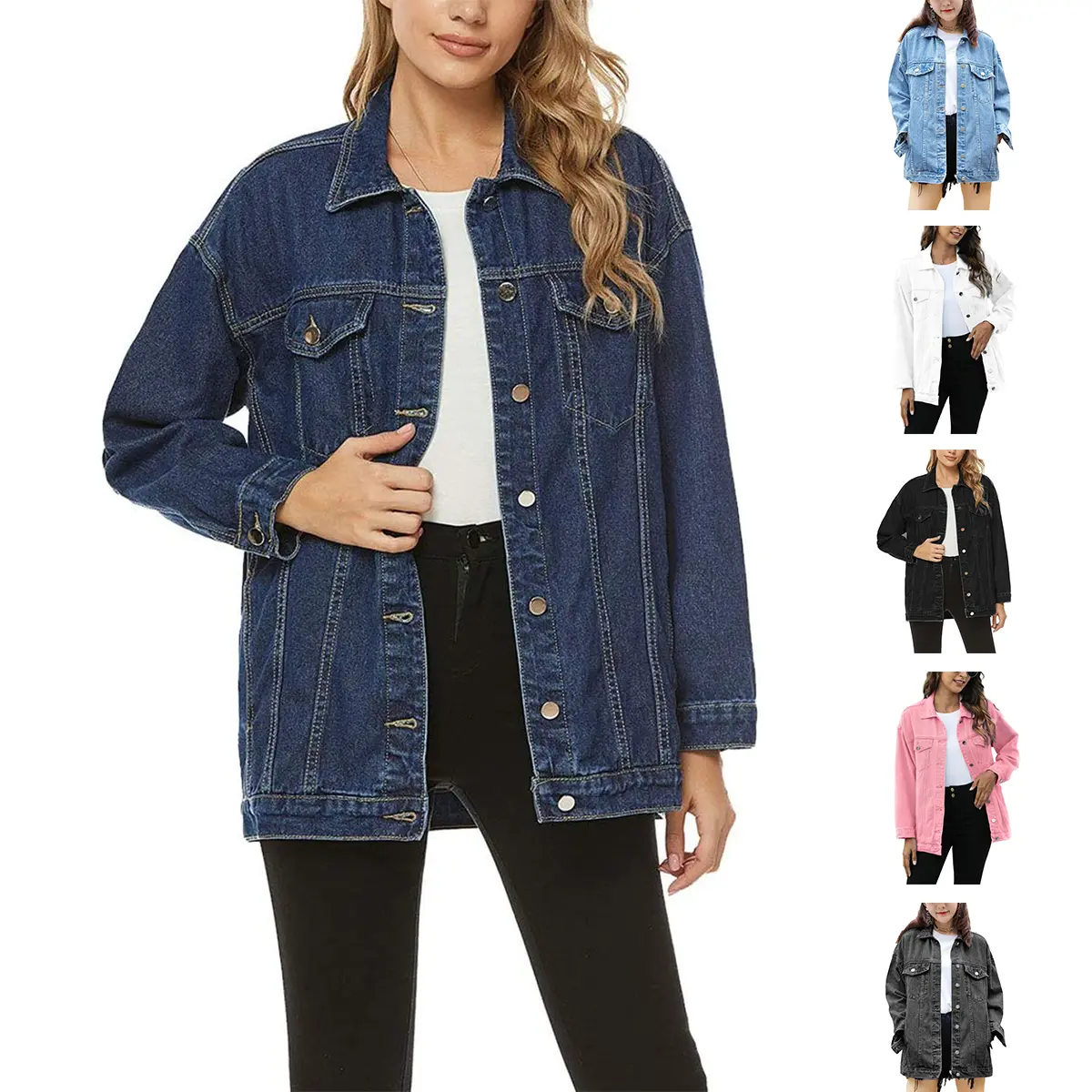 Tanming Women's Oversized Mid-Long Classic Denim Biker Jacket, Long Sleeve Basic Minimalist Casual Tops Coat