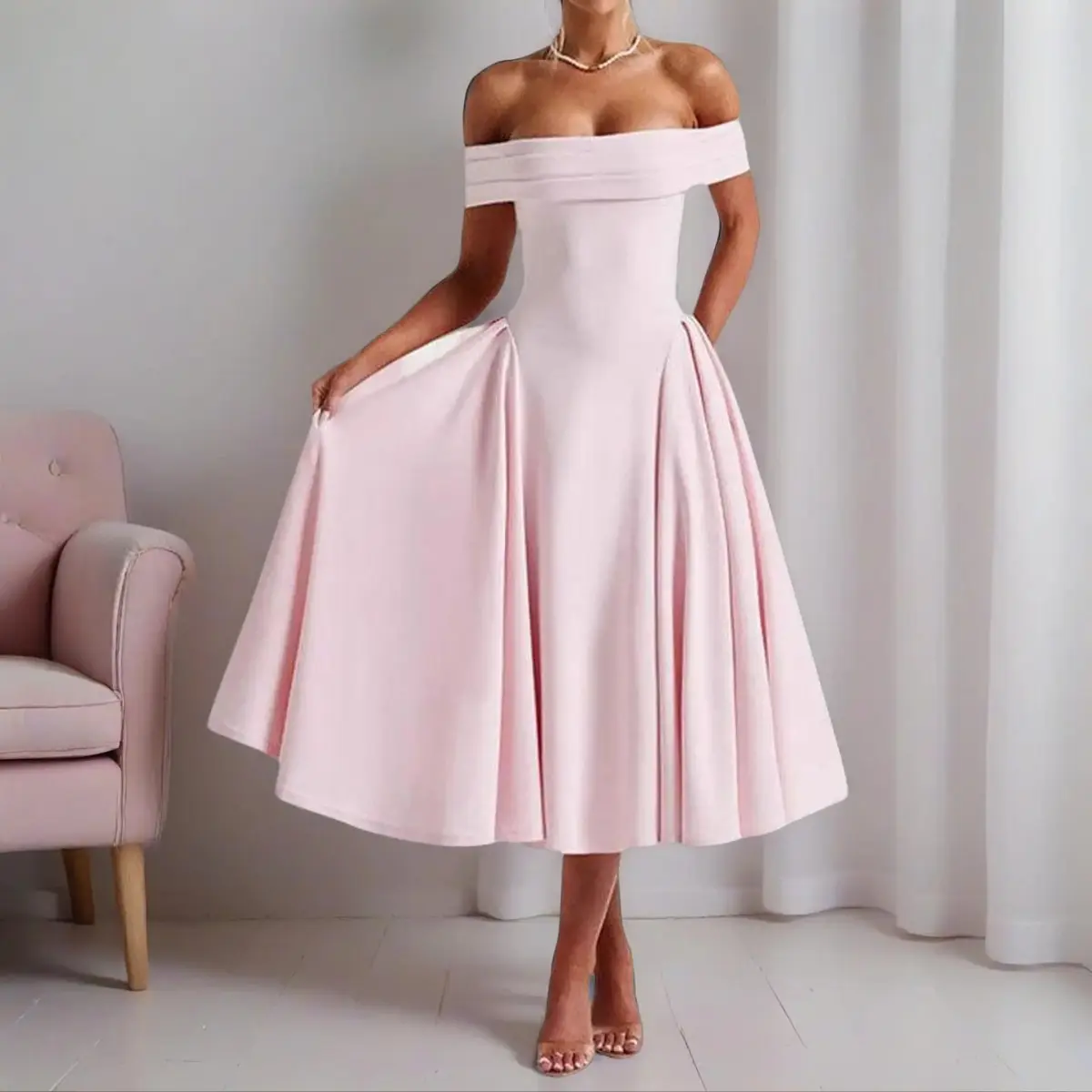 Women's Off-the-Shoulder Solid-Color Maxi Gown - Trendy New Arrival Cotton Blend Sleeveless Elegant Dress for Formal Parties