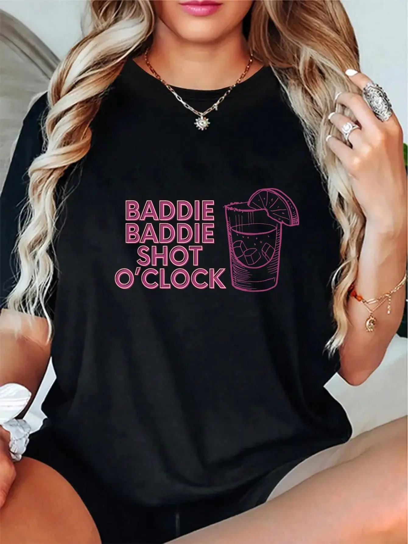 100% Cotton Baddie Baddie Shot O'clock Drinking For Baddies T-Shirt