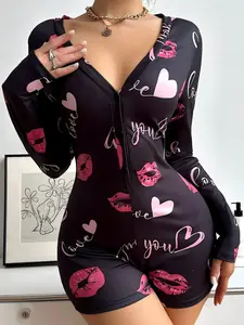 Women's Letter & Lip Kiss Print Button Front Sleep Onesie, Sexy Cute Casual Comfy Long Sleeve V Neck Sleep Romper for Daily Wear, Ladies Longsleeves Sleepwear for All Seasons, Sleepwear for Women, Womenswear, Stretchy Onesie