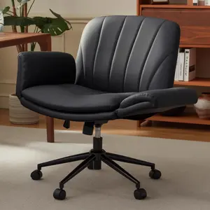 [Summervibes] Criss Cross Chair with Five-Level Adjustable Arms and Wheels - Comfortable Ergonomic PU Leather Swivel Vanity Chair - Computer Makeup Gaming Chair for Home Office, Bedroom, Vanity Room