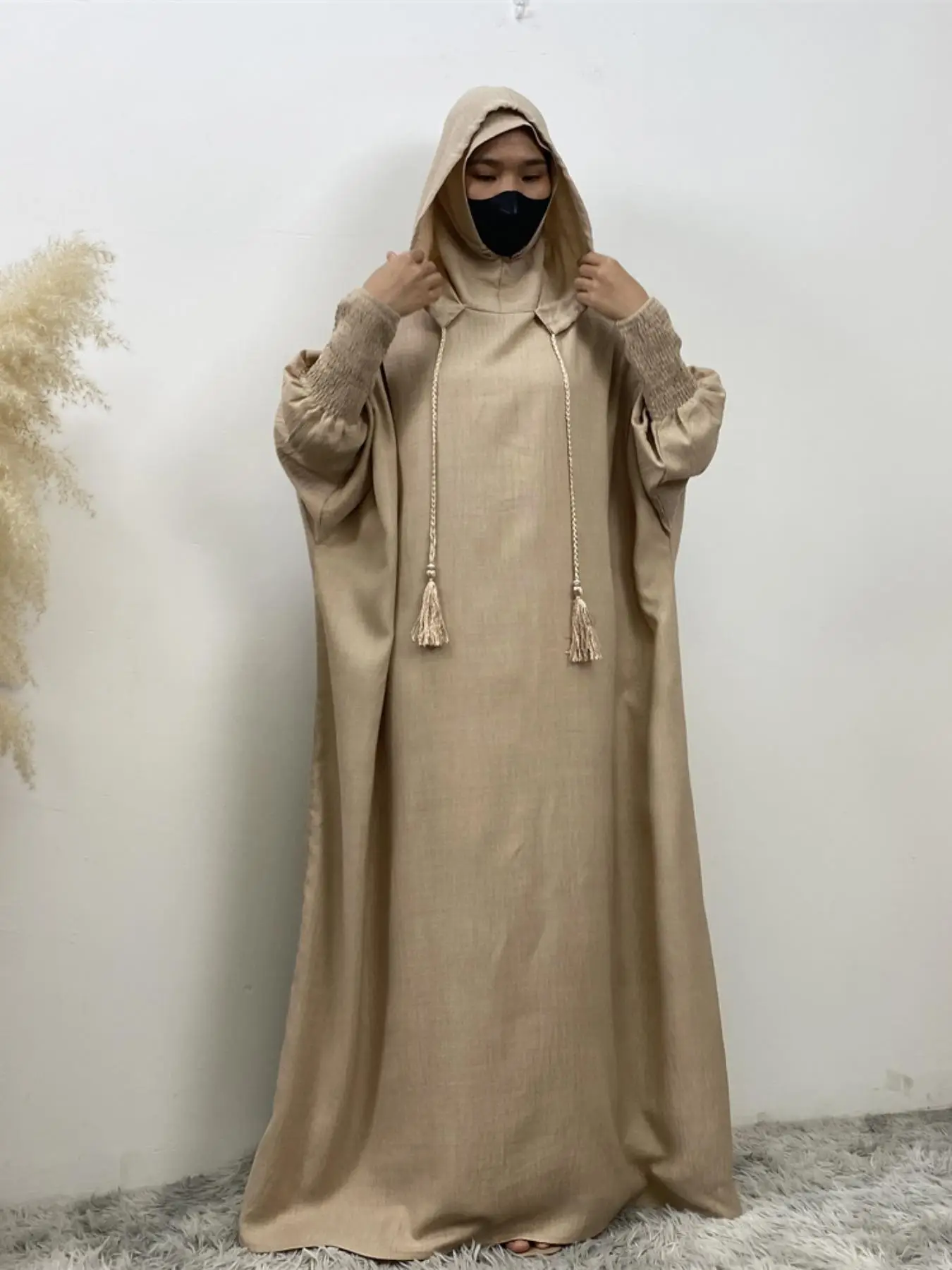 Women's Solid Color Drawstring Hooded Dress, Casual Shirred Cuff Long Sleeve Batwing Sleeve Dress for Spring & Fall, Women's Islamic Clothing for Dail