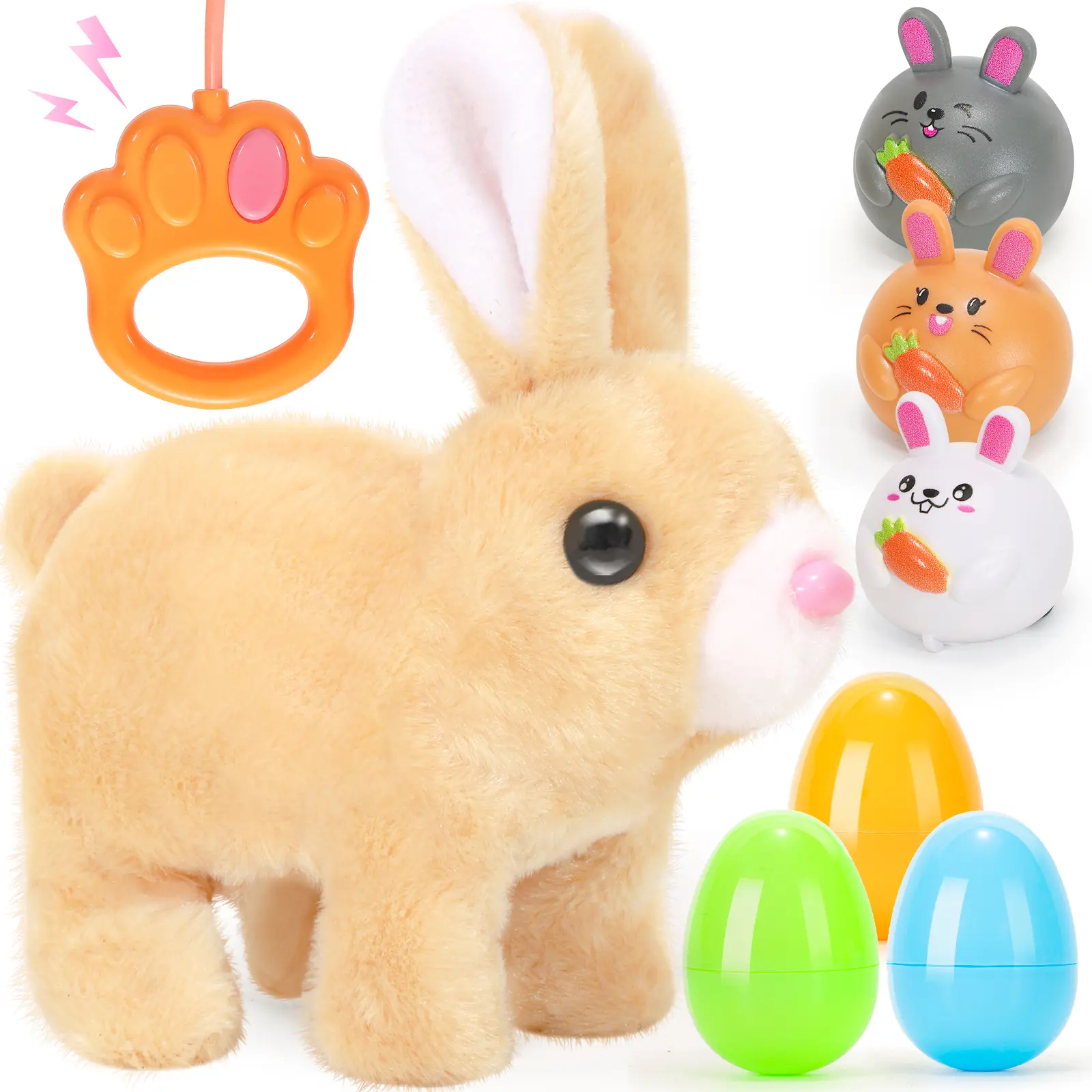 Plush Bunny Easter Toys ,Interactive Bunny with Sounds,Can Walk,Wag Tail and Twitch Nose with Remote Control Leash,Easter Eggs with Pull Back Cars,Easter Birthday Gift summerwins