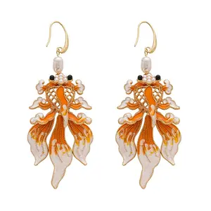 Elegant Koi Fish Statement Earrings, Hollow Drop Design with Faux Pearl Accents