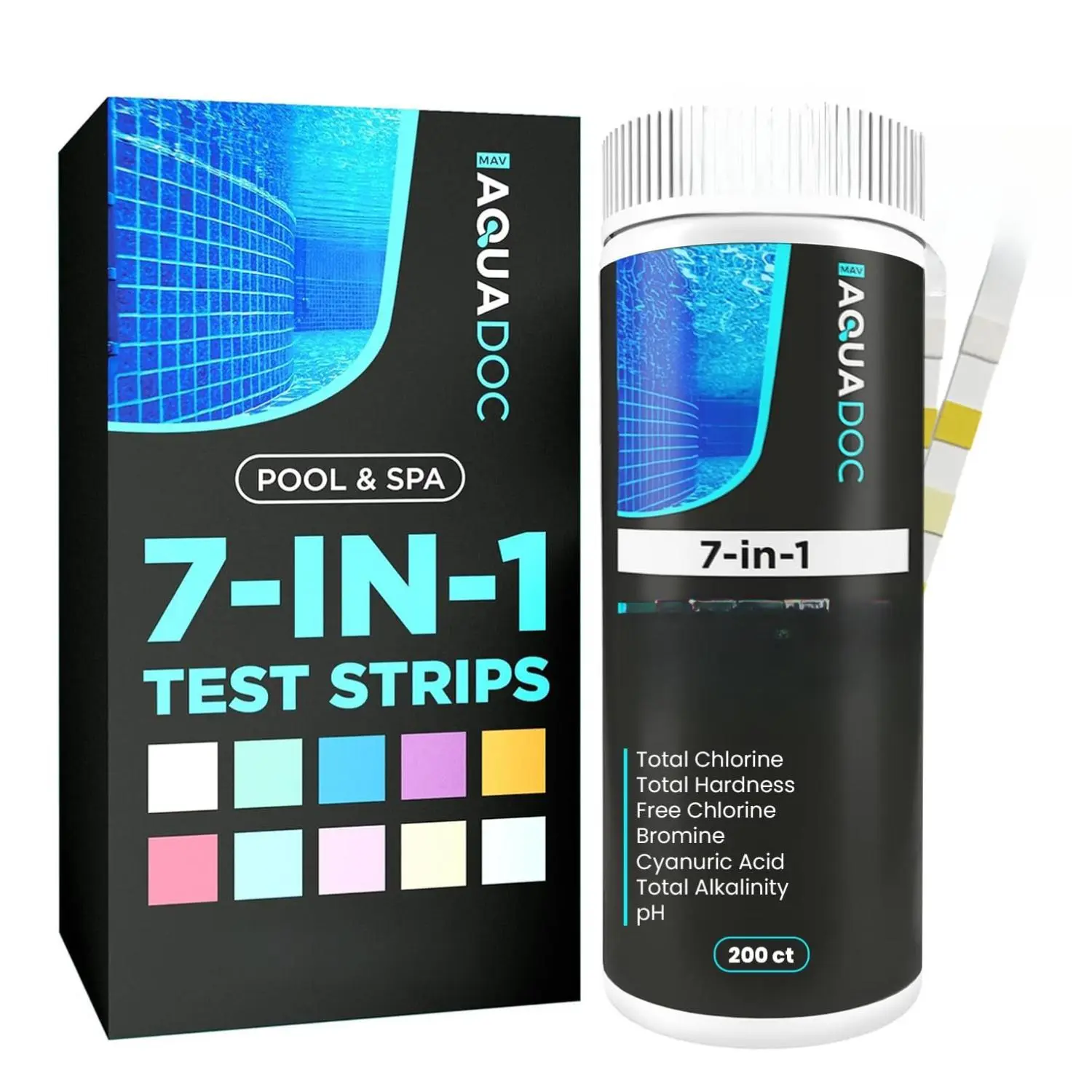 AquaDoc 7-in-1 Water Quality Tester Pool & Spa Test Strips (200ct) - Manual Fast Accurate Kit, 2-Second Dip, Compare Against Color Chart, pH+Chlorine,Bromine,Hardness,Cyanuric Acid,Alkalinity Tests for Consistent Monitoring