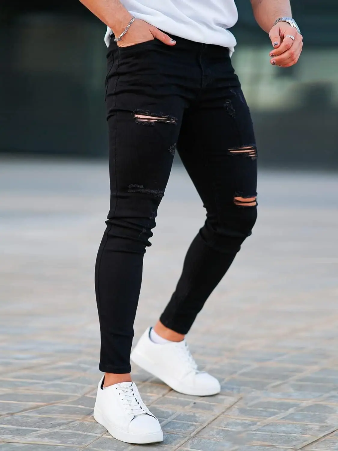 Men's Slim Fit Ripped Stretch Taper Skinny Jeans Comfort High Waist Tapered Leg Fashion Denim Pants