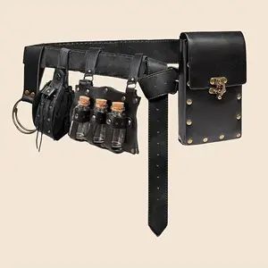 5count Vintage Medieval Viking Waist Bag Set with Faux Leather Straps, Glass Vials, and Buckles - Ideal for Halloween Cosplay and Role-Playing, Halloween Costume Accessory | Vikinginspired Design | Durable Faux Leather Straps, Viking Accessories