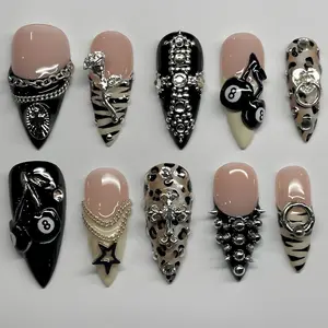 Gothic Y2K Press On Nails – Black Leopard Almond Nails With Chrome Chains, Cross Charms And 3D Studs