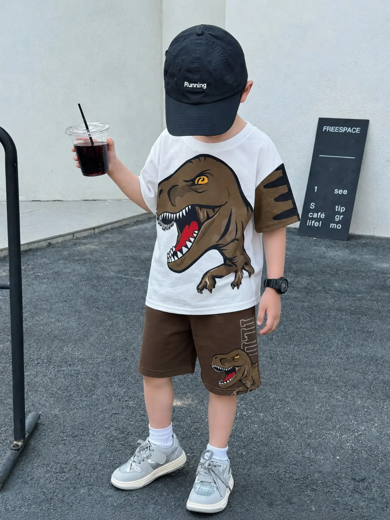 Boys Summer Dinosaur Print Set, Outfit Sets, Tyrannosaurus Rex Pattern Short Sleeve Shorts Two-Piece Outfit, Casual Fitted, All Seasons, Clothes Kids, Outfits Set