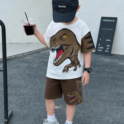 Boys Summer Dinosaur Print Set, Outfit Sets, Tyrannosaurus Rex Pattern Short Sleeve Shorts Two-Piece Outfit, Casual Fitted, All Seasons, Clothes Kids, Outfits Set