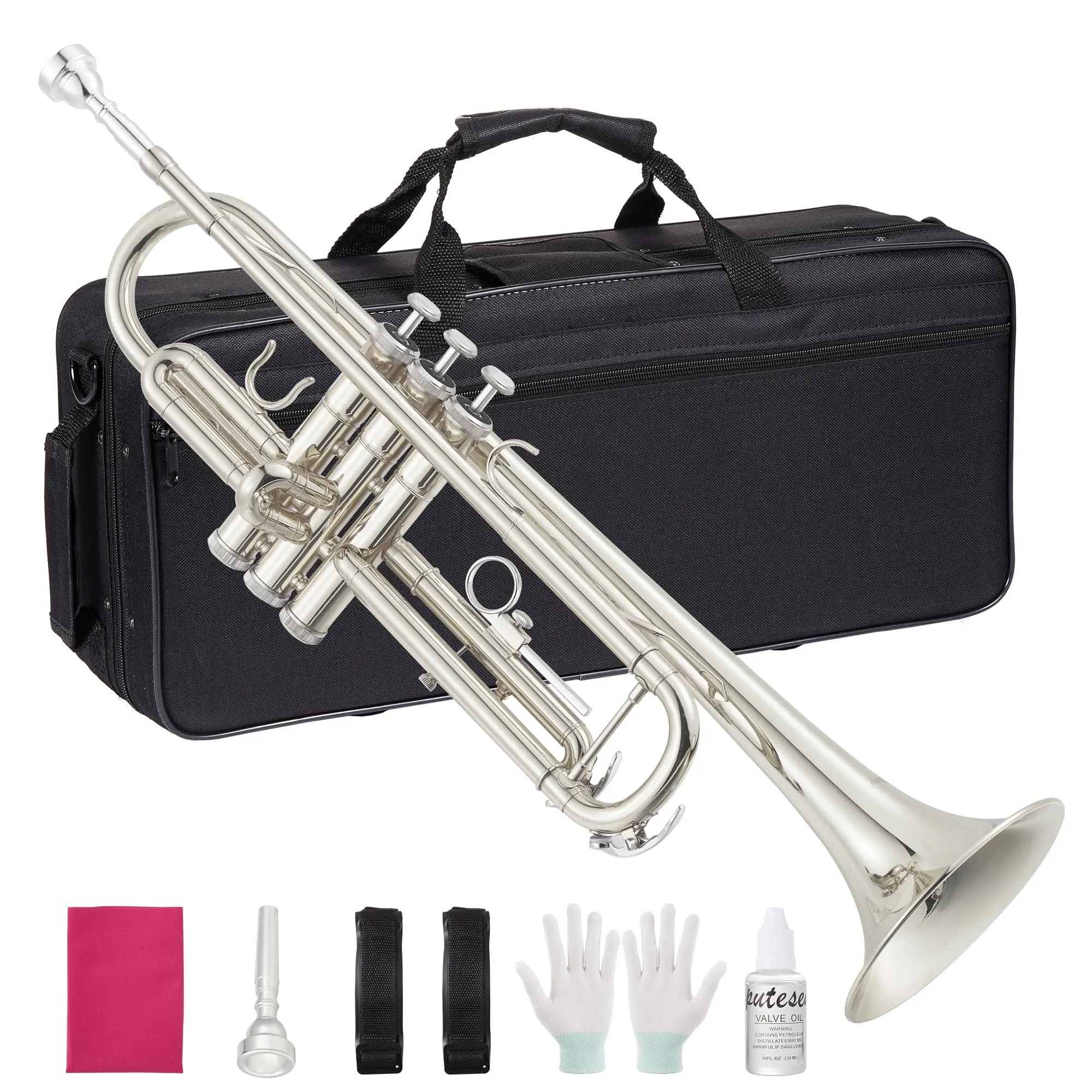 GARVEE Professional Standard Trumpet for Beginners & Students - Nickel-Plated Brass with Hard Case, Mouthpiece, Cleaning Kit, Gloves & Polish Cloth