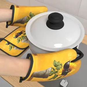 4pcs Heat Resistant Oven Mitts And Potholders Cool Sunglasses Sunflower Kitchen Set Oven Mitts And Pot Holders Sets Suitable For Kitchen Decoration, Cooking, Grilling, Baking And Great Holiday Camping Picnics Gifts