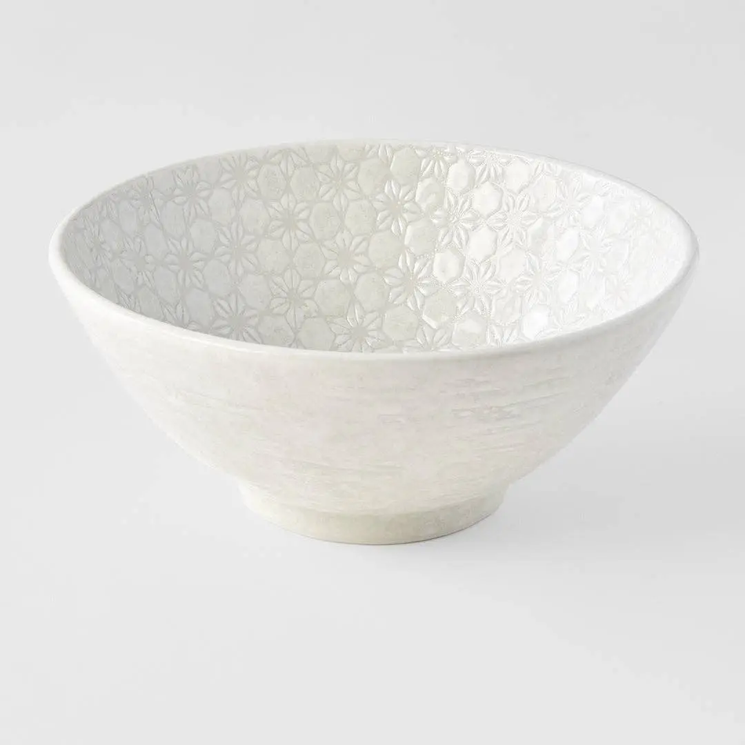 Traditional 20cm Round Handmade Japanese Single Bowl, White Embossed Stars Artisan Finish Udon Tableware