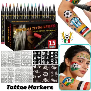 Temporary Tattoo Markers for Skin, 10/15/30-Count Body Markers 10/15/30 Colors Tattoo Pens, Tattoo Stencils,Flexible Brush Tip, Bright colors, Face Paint Kit Cosmetic Quality,Halloween makeup