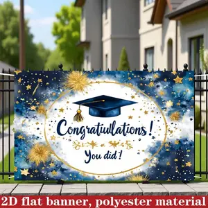 2D Flat Printed Polyester Graduation Background Fabric 1 Piece Banner Graduation Season Congratulations Background Fabric Golden Fireworks Stars Bachelor's Cap Decoration Graduation Ceremony Party Photo Props, Graduation Party Classroom Layout Decoration